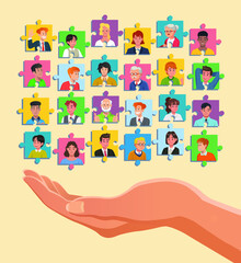 Huge open hand with collage puzzle portraits of mixed age people vector illustration.