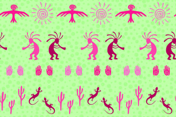Fototapeta premium Traditional, design with gecko, Kokopelli fertility god, sun, bird, cacti.