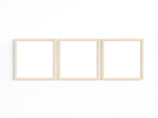 Mockup of three thin square wooden frames. 3D illustration.