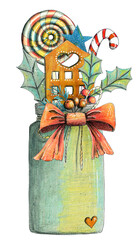 Jar with christmas decor - fir cones, gingerbread, candies, bow and berries. Hand drawn colored pencils illustration.