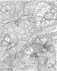 Antistress coloring page. Nature floral pattern with insects and fish.