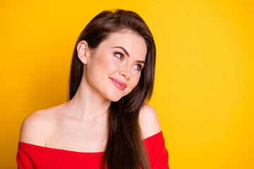 Closeup headshot photo of cute charming adorable young girl dreamy look imagining vacation exotic country wear shirt uncovered shoulders isolated vivid yellow color background