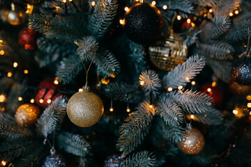 Closeup of a decorated Christmas tree.