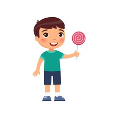 Little happy boy smiles and holds a pink lollipop in his hand. Cartoon character isolated on white background. Flat vector color illustration.