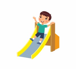 Happy little boy slides off a children's slide. Joyful child, summer vacation. Сoncept of vacation and entertainment on the playground. Cartoon character. Flat vector illustration.