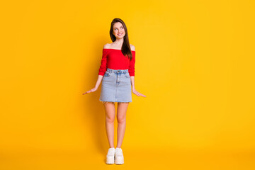 Fototapeta na wymiar Full length body size view of her she nice attractive lovely feminine curious dreamy cheerful brown-haired girl posing thinking isolated over bright vivid shine vibrant yellow color background