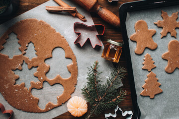 Christmas cookies. Making gingerbread cookies for Holidays. Gingerbread dough. Christmas Baking background. Form for cutting gingerbread. Merry Christmas and Happy Holidays. 