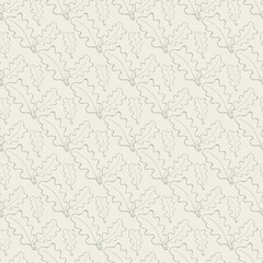 Vector green monochrome oak leaves seamless textire pattern background. Outlines of forest foliage on beige backdrop. Mid-century botanical illustration Elegant all over print for wellbeing wallpaper