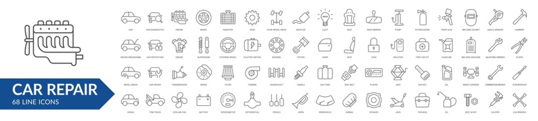 Car repair line icon set. Isolated signs on white background. Services & car parts & toolsVector illustration. Collection - obrazy, fototapety, plakaty