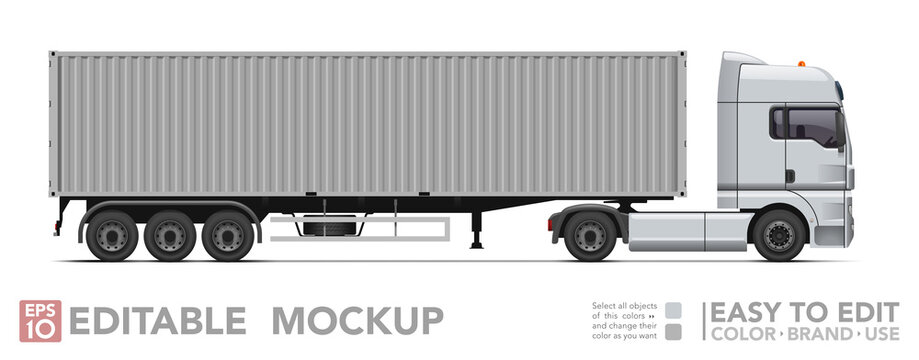 Editable semi truck mockup. Realistick tractor & iso container trailer on white background. Vector illustration. Collection