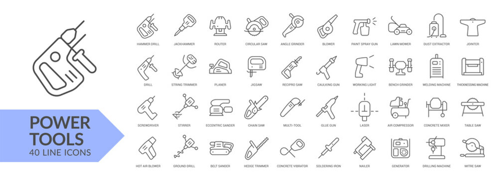 Power tools line icon set. Isolated signs on white background. Vector illustration. Collection