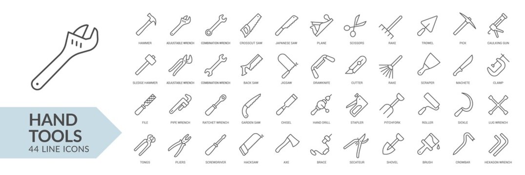 Hand tools line icon set. Isolated signs on white background. Vector illustration. Collection