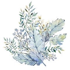 Watercolor winter navy blue floral bouquet. Fall leaves and branches illustration for wedding invintation, bridal shower, baby shower, blog design.