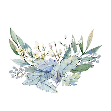Watercolor winter navy blue floral bouquet. Fall wild floral  leaves and branches illustration for wedding invintation, bridal shower, baby shower, blog design.