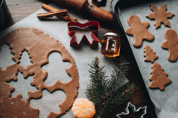 Christmas cookies. Making gingerbread cookies for Holidays. Gingerbread dough. Christmas Baking background. Form for cutting gingerbread. Merry Christmas and Happy Holidays. 