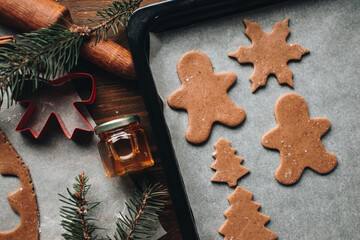 Christmas cookies. Making gingerbread cookies for Holidays. Gingerbread dough. Christmas Baking background. Form for cutting gingerbread. Merry Christmas and Happy Holidays. 