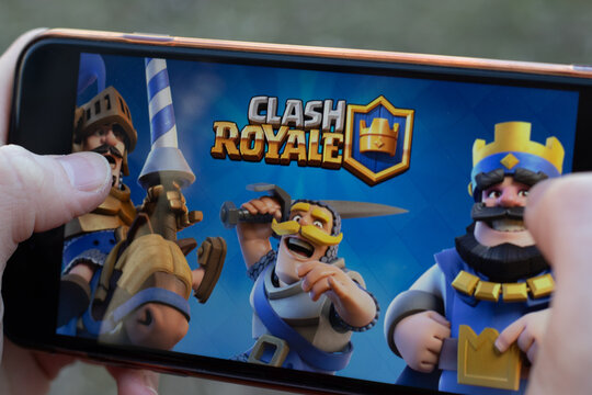 New York, USA - 1 May 2020: Clash Royale mobile game app logo close-up on phone screen, Illustrative Editorial