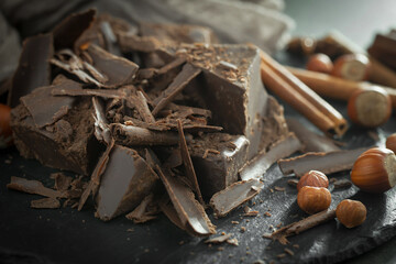 Pieces of dark chocolate and cocoa beans in composition on old background