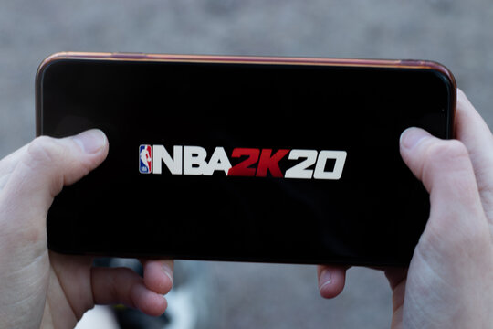 New York, USA - 1 May 2020: NBA 2K20 mobile game app logo close-up on phone screen, Illustrative Editorial