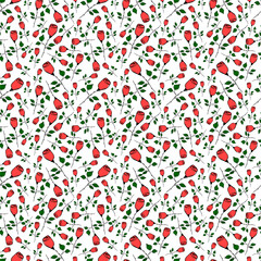seamless pattern design red roses with green leaves on white background