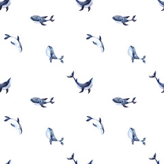 Seamless pattern with whales on a white background. Watercolor illustration with a marine theme for fabrics, packaging, banners, clothing, printing.
