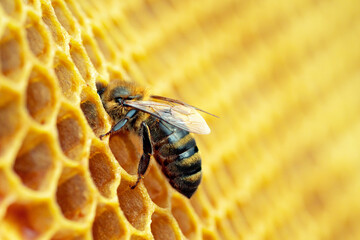 Makrofoto von Arbeitsbienen auf Waben. Bild der Imkerei und Honigproduktion