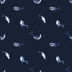 Seamless pattern with whales on a dark blue background. Watercolor illustration with a marine theme for fabrics, packaging, banners, clothing, printing.