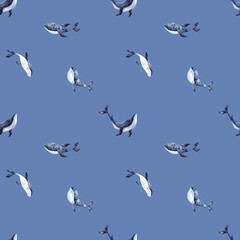 Seamless pattern with whales on a blue background. Watercolor illustration with a marine theme for fabrics, packaging, banners, clothing, printing.