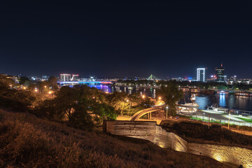 Fototapeta premium Night panorama of Belgrade city from Kalemegdan fortress
