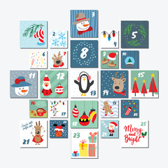 Christmas advent calendar. Hand drawn elements and numbers. Winter holidays calendar cards set design, Vector illustration