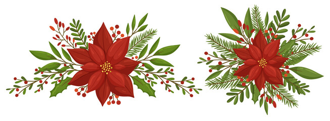 Collection of Christmas floral compositions with winter plants and berries. Modern design for Holidays invitation card,  poster, banner, greeting card, postcard, packaging, print. Vector illustration.