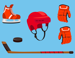 Set of hockey accessories. Sport equipment in cartoon style.