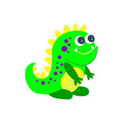 Funny monster. Cute green dragon that looks like a dinosaur. Cartoon vector illustration. Isolated on white