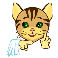 emoji with cat waiter asking a client to stand by, kitty with a confused face that is raising his index finger in a Just a moment gesture to ask people to wait a minute for him to be right back