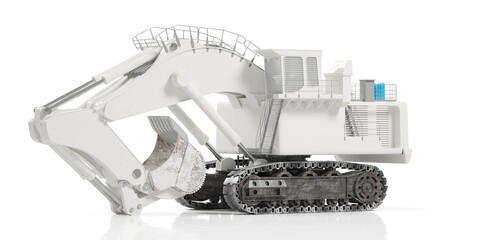 Excavator, powerfull concept. Massive hydraulic earth mover isolated on white. Side view. 3D render. 