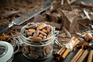 Cocoa beans on old background