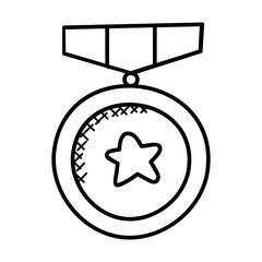 A medal in a ribbon hanging with the image of star, denotes the medal and a sign of winner.