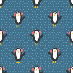 New Year and Christmas seamless pattern with penguins, hand drawn doodles Seamless Pattern. Background Vector Illustration
