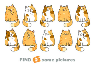 Cartoon cute cats. Find two same pictures. Educational game for children. Kawaii vector illustration.