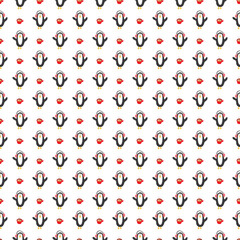 New Year and Christmas seamless pattern with penguins, hand drawn doodles Seamless Pattern. Background Vector Illustration