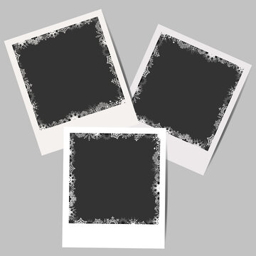 Set of winter white photo frames with shadows. Modern mockup design. White border on grey background. Jpeg