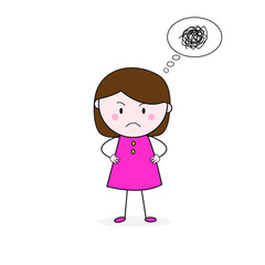  Doodle Girl Frown Face Standing With Akimbo Pose Cartoon Vector.