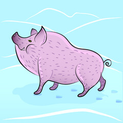 Animal pig in the snow, greeting card, decorative element



