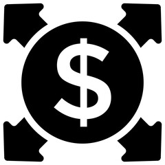 
Glyph icon design of dollar investment with dollar sign and four outward directional arrows. 

