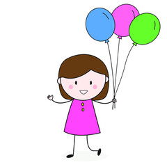Doodle Girl with Balloon Pink Cartoon Vector.