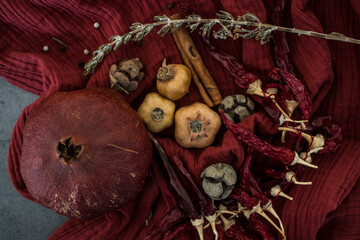 Autumn still life with dried fruits and herbs. Textured cotton background. Top view photo of large group of objects. 