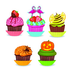 Set of holiday cupcakes. Beautiful cupcakes with colorful cream decorated with berries and fruits