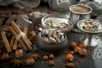 Obraz premium Cocoa beans on old background
