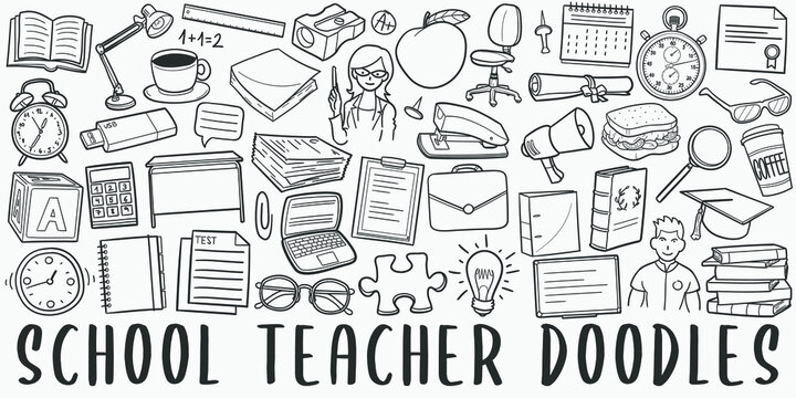 School Tools doodle icon set. Classroom Teacher Vector illustration collection. Banner Hand drawn Line art style.