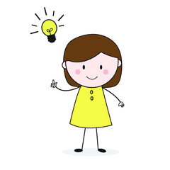 Stickman Doodle Girl Got Idea Yellow Cartoon Vector